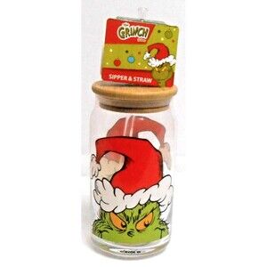 Dr. Seuss The Grinch Peeking Glass Sipper Cup Tumbler Bamboo Lid Straw Gift NEW